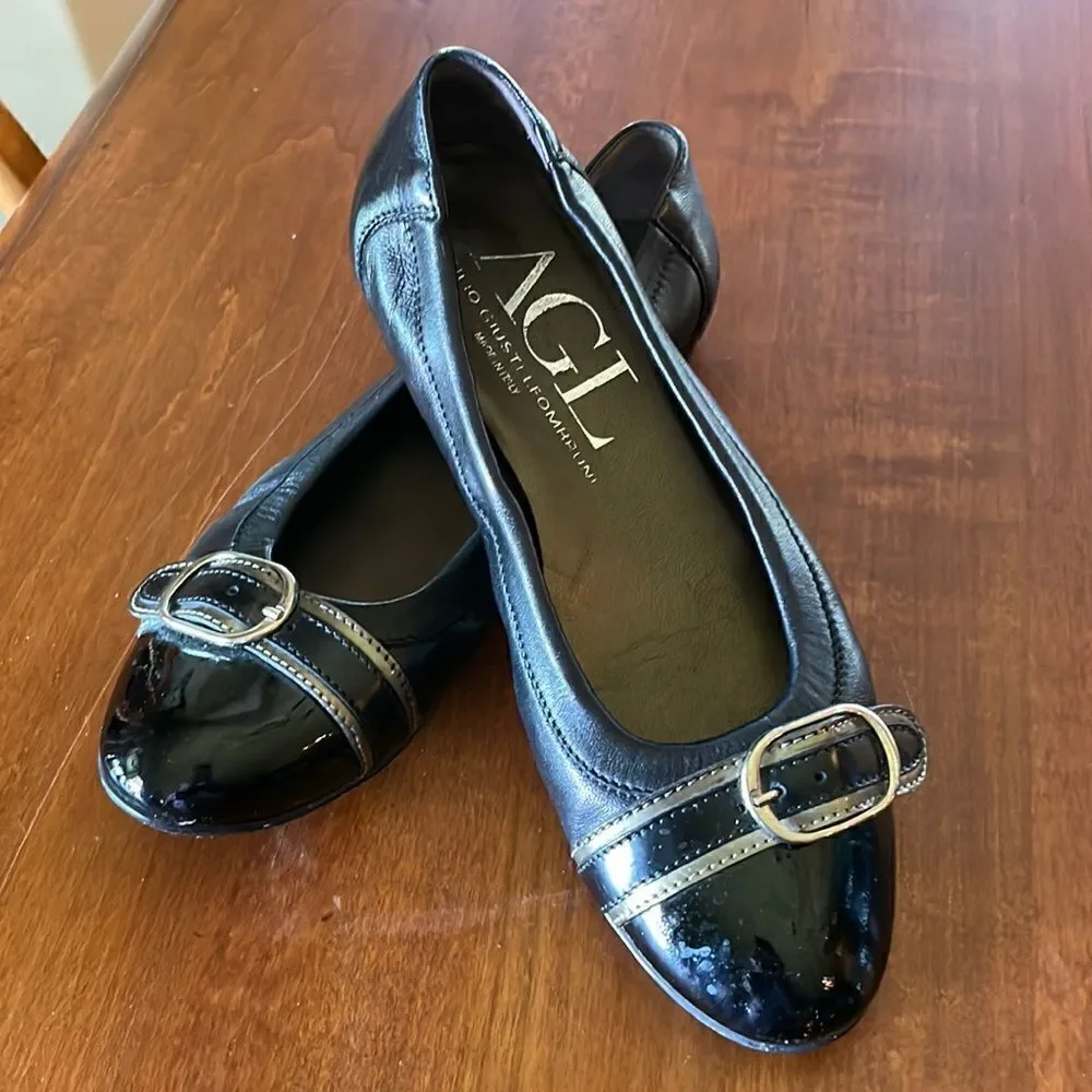 AGL Black Patent, Leather & Bronze Flats - 37